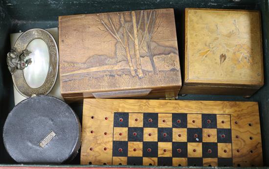 A leather suitcase of wooden boxes, money box and a mother of pearl trinket tray